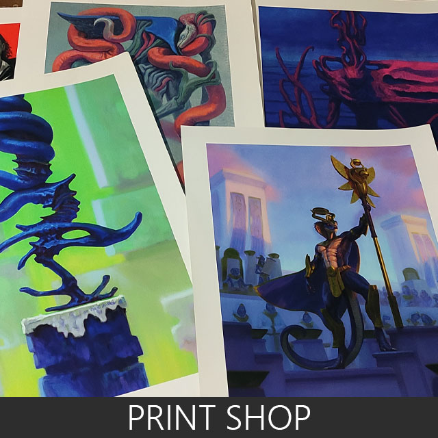 Photograph of several prints on a desktop. Text: "PRINT SHOP".